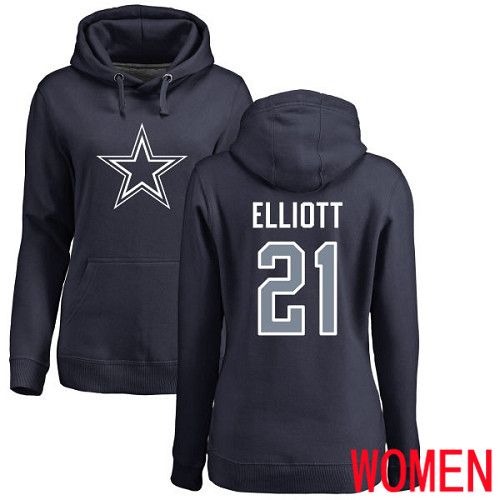 Women Dallas Cowboys Navy Blue Ezekiel Elliott Name and Number Logo #21 Pullover NFL Hoodie Sweatshirts